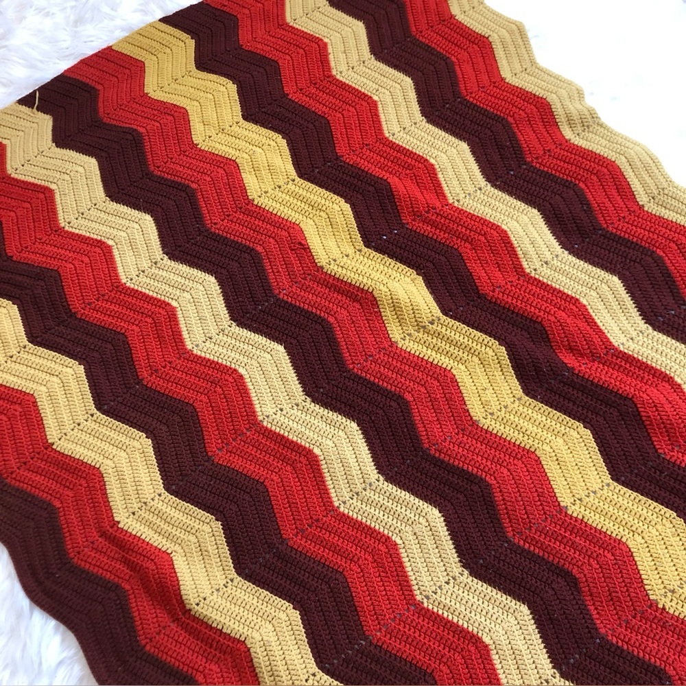 Chevron Crocheted Afghan Blanket in Red, Brown, and Gold